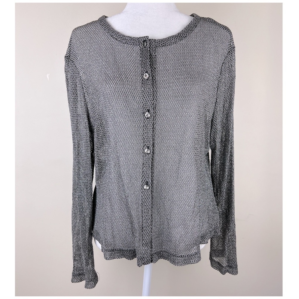 Cachet | Vintage 90s Mesh Metallic Cardigan Silver Black Rhinestone Buttons | M